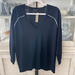 JCREW MERINO WOOL TIPPED SIDE PANEL V-NECK SWEATER NAVY POOLSIDE A0822 LARGE NWT